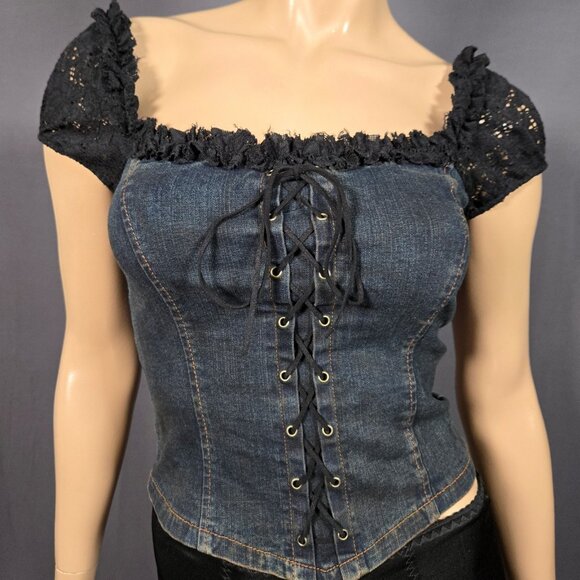Y2K Denim Lace Up Corset Milkmaid Top size S Fairy Grunge Dark Dirty Wash - Picture 1 of 10
